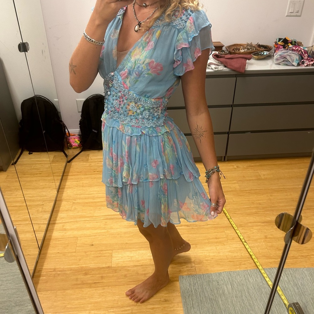 Love shack fancy Floral Blue Ruffle mini Dress